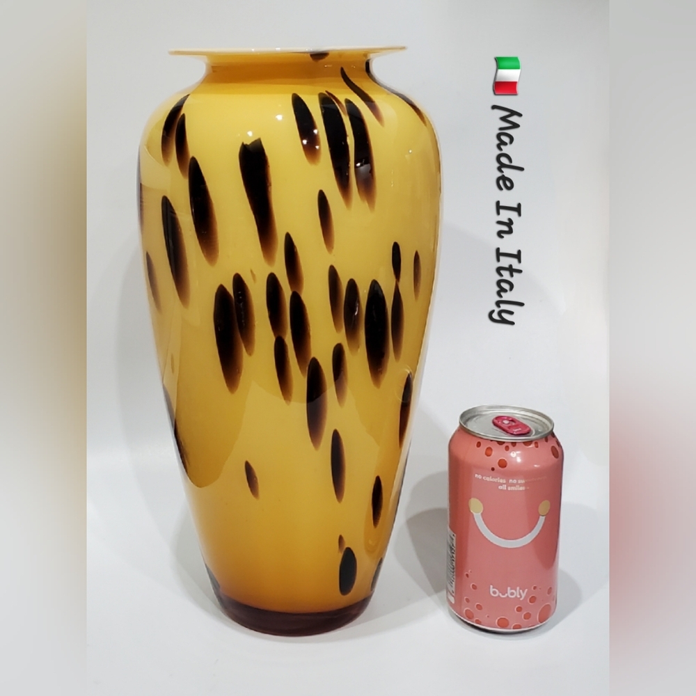 13 1/8" Vntg Italian Blown Glass Vase Yellow Amber Brown Black Tortoise Abstract - Picture 4 of 11